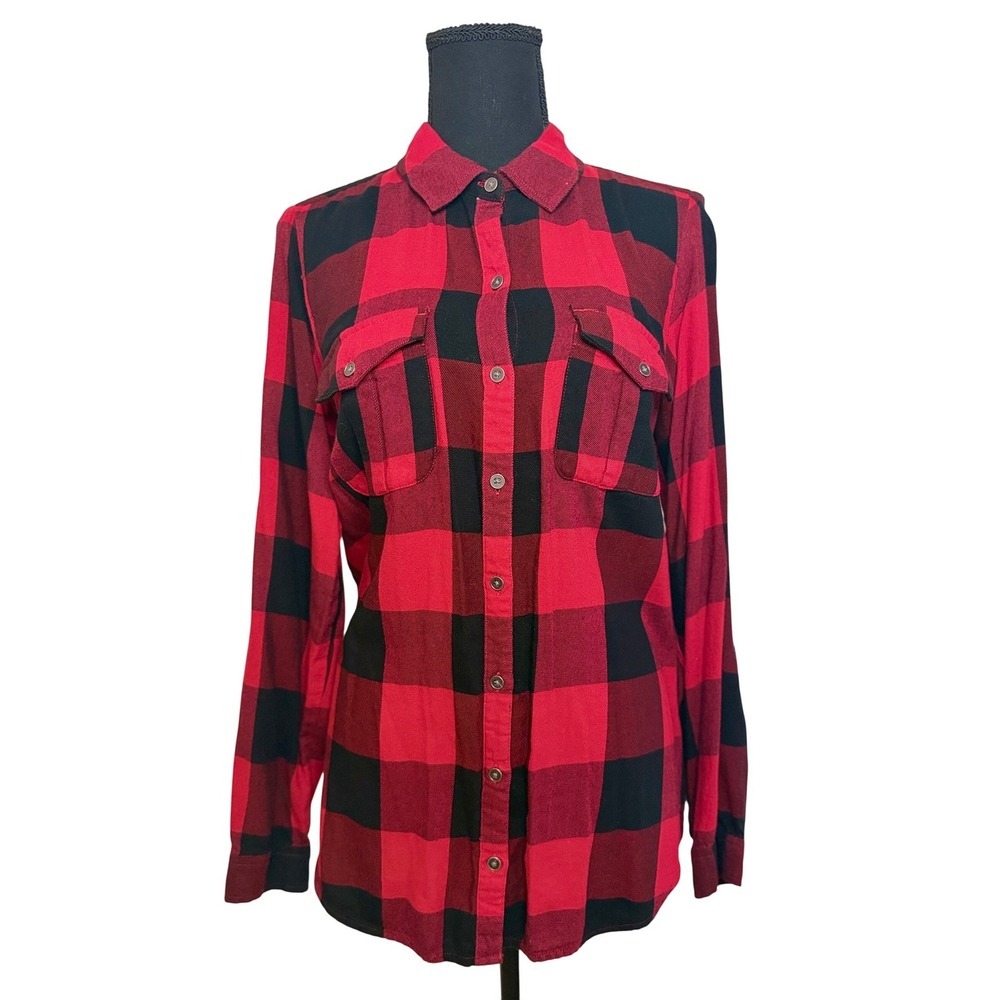 Cabincore Red‎ & Black Buffalo Check Plaid Button Down Flannel Shirt Medium